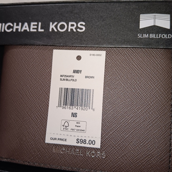 MICHAEL KORS MEN'S GENUINE BROWN LEATHER SLIM BILLFOLD ANDY WALLET $98 BRAND NIB - Picture 5 of 6